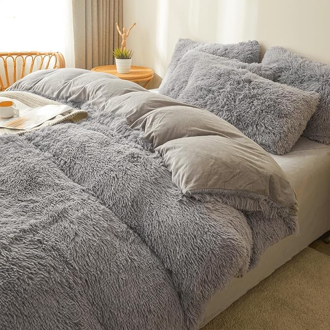 FOPPA Gray fluffy Comforter Cover Set king- Ultra Soft fluffy gray Bedding Sets 3 Pieces (1 Duvet Cover + 2 Pillow case) pink fluffy bed set (Gray, King)