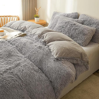 FOPPA Gray fluffy Comforter Cover Set king- Ultra Soft fluffy gray Bedding Sets 3 Pieces (1 Duvet Cover + 2 Pillow case) pink fluffy bed set (Gray, King)