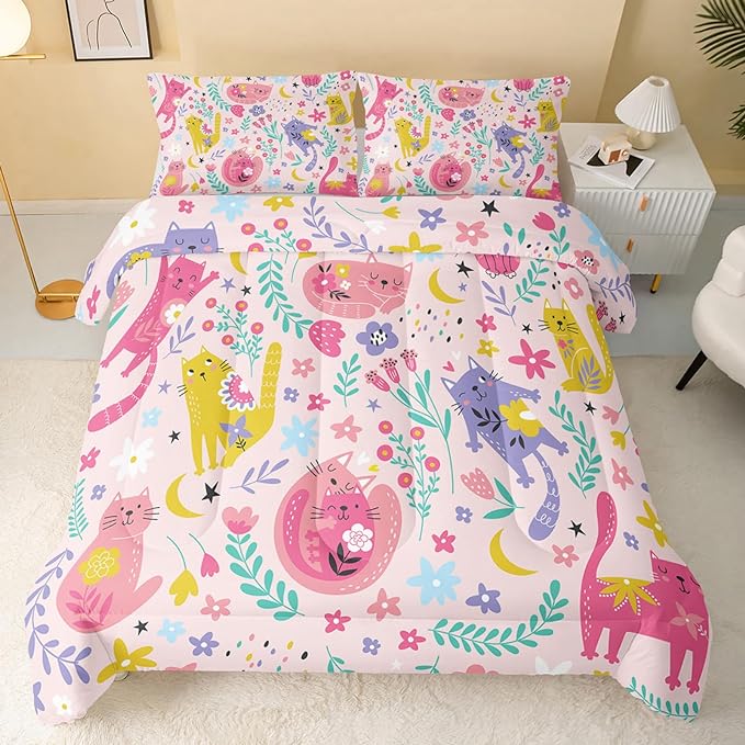 Floral Cat Comforter Queen Size,Pink Cat Comforter Set for Kids Teens Girls,3Pcs Bedding Set Printed Comforter with 2 Pillowcases,Down Alternative,Soft and Lightweight(Pink，Queen Size)