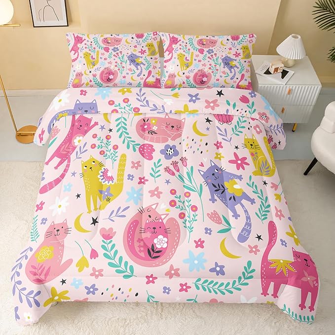 Floral Cat Comforter King Size,Pink Cat Comforter Set for Kids Teens Girls,3Pcs Bedding Set Printed Comforter with 2 Pillowcases,Down Alternative,Soft and Lightweight(Pink，King Size)