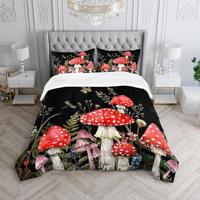 Red Mushroom Kawaii Comforter Set Full Size Kids Mushroom Dragonfly Bedding Set Botanical Plant Theme Print Quilt Bed Set for Boys Girls Adults with 1 Comforter and 2 Pillowcases