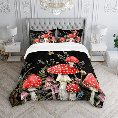 Red Mushroom Kawaii Comforter Set Full Size Kids Mushroom Dragonfly Bedding Set Botanical Plant Theme Print Quilt Bed Set for Boys Girls Adults with 1 Comforter and 2 Pillowcases