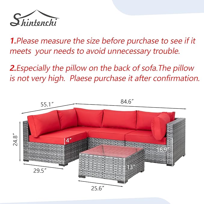 Shintenchi 5 Pieces Outdoor Patio Sectional Sofa Couch, Silver Gray PE Wicker Furniture Conversation Sets with Washable Cushions & Glass Coffee Table for Garden, Poolside, Backyard (Red)