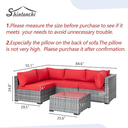 Shintenchi 5 Pieces Outdoor Patio Sectional Sofa Couch, Silver Gray PE Wicker Furniture Conversation Sets with Washable Cushions & Glass Coffee Table for Garden, Poolside, Backyard (Red)