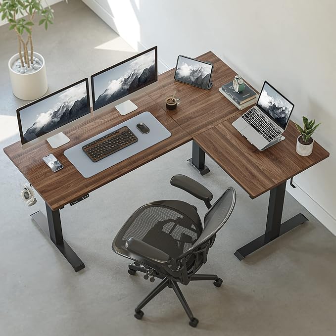 FEZIBO Triple Motor L-Shaped Electric Standing Desk, 75 Inches Height Adjustable Stand up Corner Desk, Sit Stand Workstation with Splice Board, Black Frame/Black Walnut Top