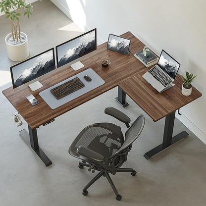 FEZIBO Triple Motor L-Shaped Electric Standing Desk, 75 Inches Height Adjustable Stand up Corner Desk, Sit Stand Workstation with Splice Board, Black Frame/Black Walnut Top