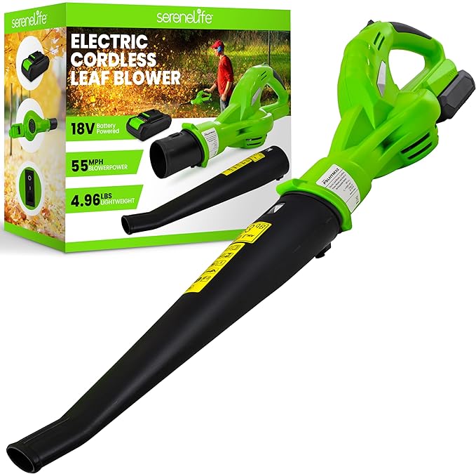 Serenlife Lightweight Cordless Leaf Blower - 18V, 55 MPH Air Speed - Perfect for Decks, Gutter Cleaning, Snow & Small Yards - Rechargeable Battery & Charger Included - Charge Time 4 Hours - Only 5 lbs