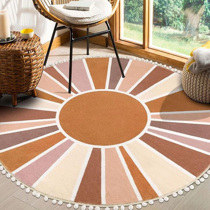 Topotdor Boho Round Area Rug 4ft Sun Rainbow Nursery Rugs for Kids Room, Washable Ultra Soft Circle Area Rug with Pom Poms, Non-Slip Accent Throw Rugs for Bedroom Entryway Living Room Decor