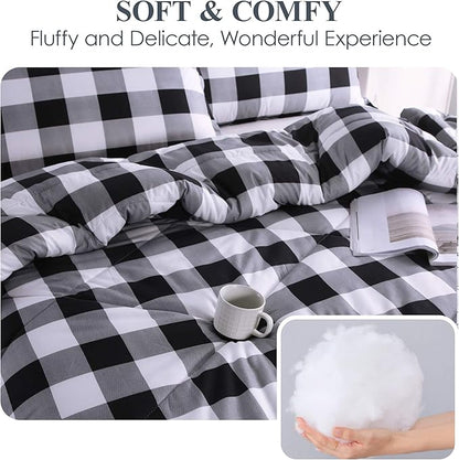 Andency Black Plaid Comforter Set Twin Size (66x90 Inch), 2 Pieces (1 Gingham Comforter and 1 Pillowcase), Summer Lightweight Microfiber Buffalo Check Down Alternative Comforter Set for Kids Boys