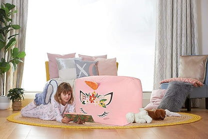 Aubliss Unicorn Stuffed Animal Storage Bean Bag Chair for Kids, Velvet Extra Soft Beanbag Chairs Cover, X-Large Stuffable Zipper Bean Bag for Organizing Plush Toys Girls Bedroom Decor, Pink Floral
