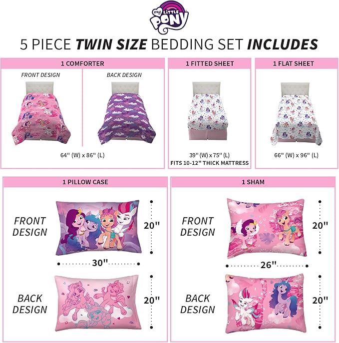 Franco Kids Bedding Super Soft Comforter and Sheet Set with Sham, 5 Piece Twin Size, My Little Pony