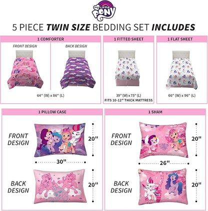 Franco Kids Bedding Super Soft Comforter and Sheet Set with Sham, 5 Piece Twin Size, My Little Pony