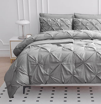 LANE LINEN 7 Piece Queen Comforter Set with Sheets, Pintuck Bedding Queen Size Set, Soft Bed in A Bag Queen, Pinch Pleated Queen Bed Set, Fluffy Queen Bedding Set with Pillowcases & Shams - Silver