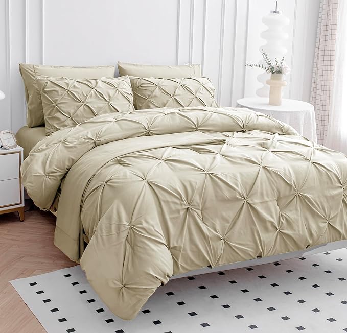 LANE LINEN California King Comforter Set, 7 Piece Cal King Bed in a Bag, Pintuck Cal King Bedding Set, Soft Cali King Bed Set, Cal King Bedding Comforter Sets with Sheets, Pillowcases & Shams - Linen