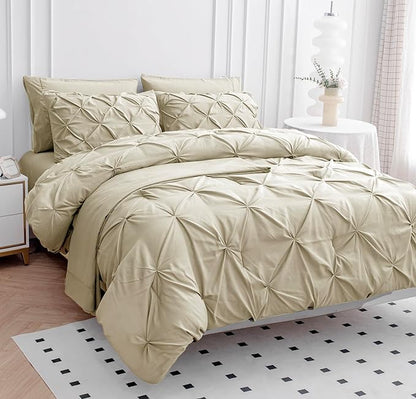 LANE LINEN California King Comforter Set, 7 Piece Cal King Bed in a Bag, Pintuck Cal King Bedding Set, Soft Cali King Bed Set, Cal King Bedding Comforter Sets with Sheets, Pillowcases & Shams - Linen