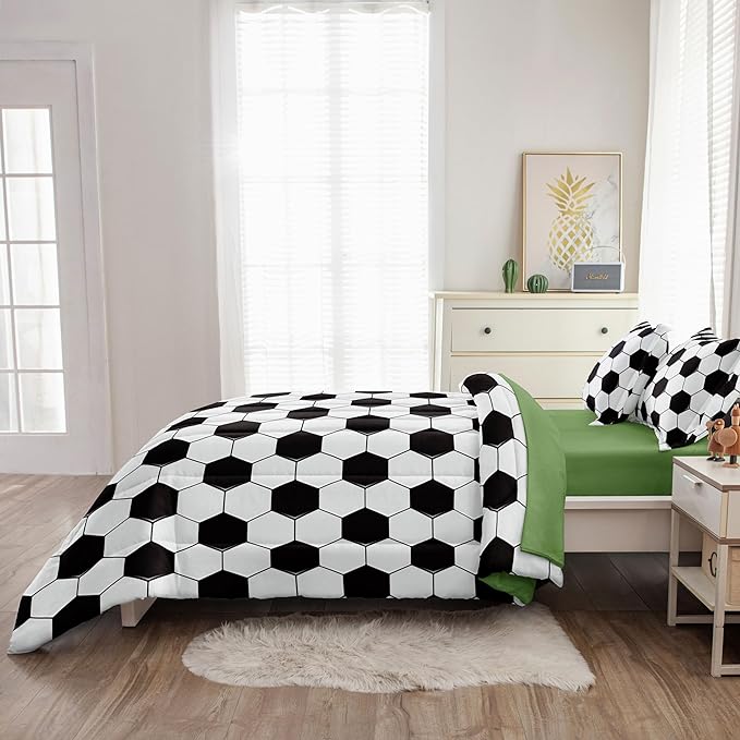 Soccer Comforter Set Full for Boys Girls, 5 Pieces Soccer Bedding Twin Bed in a Bag Set with Sheets, Black and White Bed Sets for Teenage