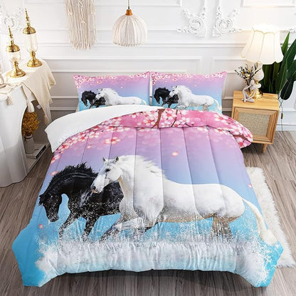 Kid Horse Comforter Set Room Floral Animal Theme Handsome Horse Chic Cherry Blossom Bedding Set 3D Wild Animal Decor Quilt Set for Girls Adult, 1 Comforter + 2 Pillowcases