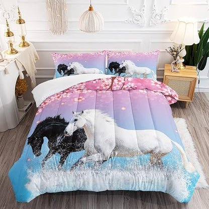 Kid Horse Comforter Set Room Floral Animal Theme Handsome Horse Chic Cherry Blossom Bedding Set 3D Wild Animal Decor Quilt Set for Girls Adult, 1 Comforter + 2 Pillowcases