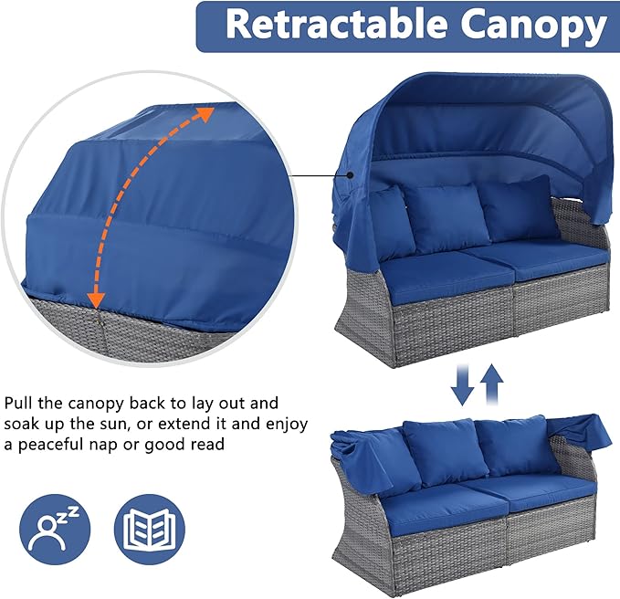 Rectangle Furniture Daybed Sunbed with Retractable Canopy, Outdoor Wicker Conversation Set with Cushions for Patio, Backyard, Porch, Garden, Bc-Blue + Rattan