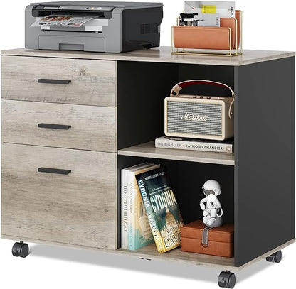 DEVAISE 3-Drawer Wood File Cabinet, Mobile Lateral Filing Cabinet, Printer Stand with Open Storage Shelves for Home Office, Greige