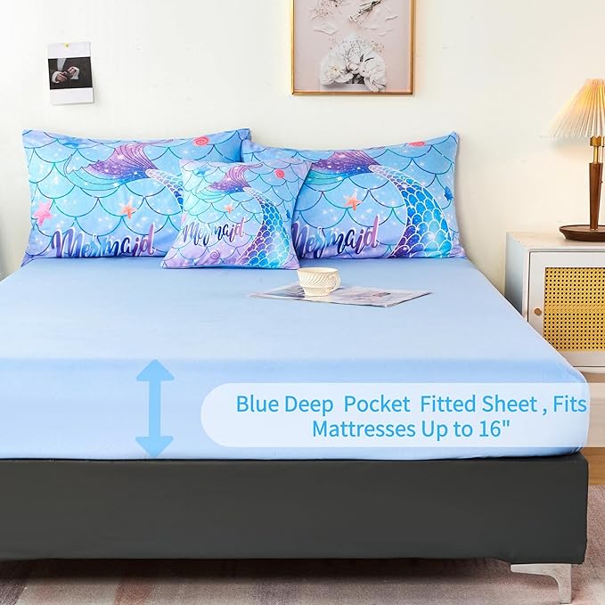 RYNGHIPY 6Pcs Mermaid Tail Comforter Set for Kids Girls, Mermaid Fish Scale Bed in a Bag Queen Size, Sparkle Teal Purple Rainbow Bedroom Decor Bedding Set