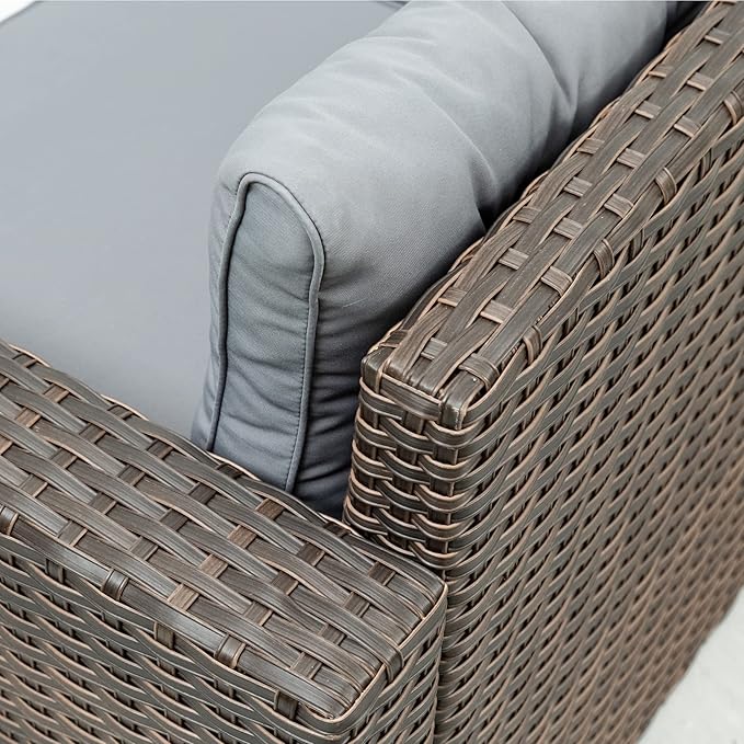 6 Piece Patio Outdoor Furniture Rattan Wicker Conversation Sofa Set with Removeable Cushions and Tempered Glass Table Top for Garden Yark, Lawn, Backyard, Brown