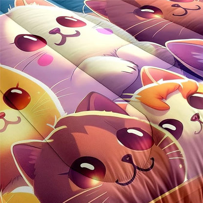 Cat Comforter Set, Cute Cat Bedding Set, Twin Size Comforter Set for Girls Cat Comforter Cartoon Cat Rainbow Printed Bedding Sets for Kids Girls Kawaii Cat Bedding Sets, 1 Comforter+1 Pillowcase