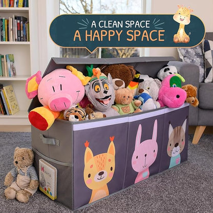 Extra Large Toy Storage Organizer with Lid - Sturdy, Collapsible Toy Chest Storage Box with Cute Design - Toys Bin with Dividers for Kids, Boys, Girls, Nursery, Bedroom, Play room 37"x16"x14"