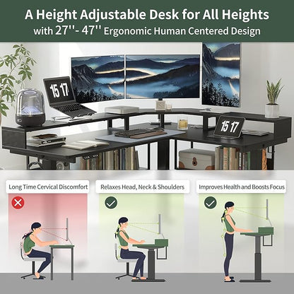 FEZIBO 63Inch L Shaped Standing Desk with Shelves, Large Storage Adjustable Desk with Triple Motors,Corner Desk Double Shelves with Light Strip, Black