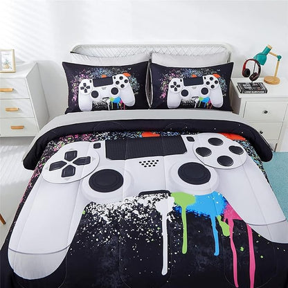 KAKKI 5 Piece Boys Full Gamer Comforter Set with Sheets, 3D Colorful Video Game Controller Comforter for Kids Teen, All Season Soft Microfiber Gaming Bedding Set(White,Full)