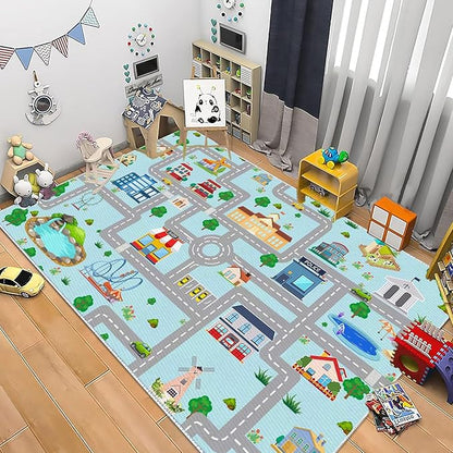 Kids Car Rug, 5' 3" x8' City Life Traffic Road Playmat for Toy Cars Trains, Non-Slip Race Track Carpet Educational Fun Area Rugs for Boy and Girl Bedroom Nursery