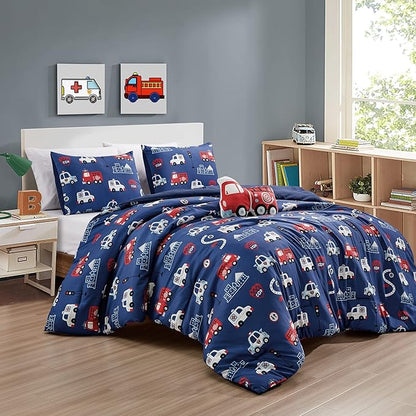 for Kids Fire Turck 4-Piece Comforter Set - Beautiful Motif Design Bedding Set with Embrodery Print