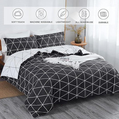 Black & White Comforter Bed in a Bag Queen for Kids Adults, 3Pcs Reversible Geometric Bedding Set with 2 Pillow Shams for All Seasons (Queen,90x90inches)