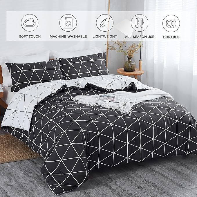 Black & White Comforter Bed in a Bag King for Kids Adults, 3Pcs Reversible Geometric Bedding Set with 2 Pillow Shams for All Seasons (King,104x90inches)