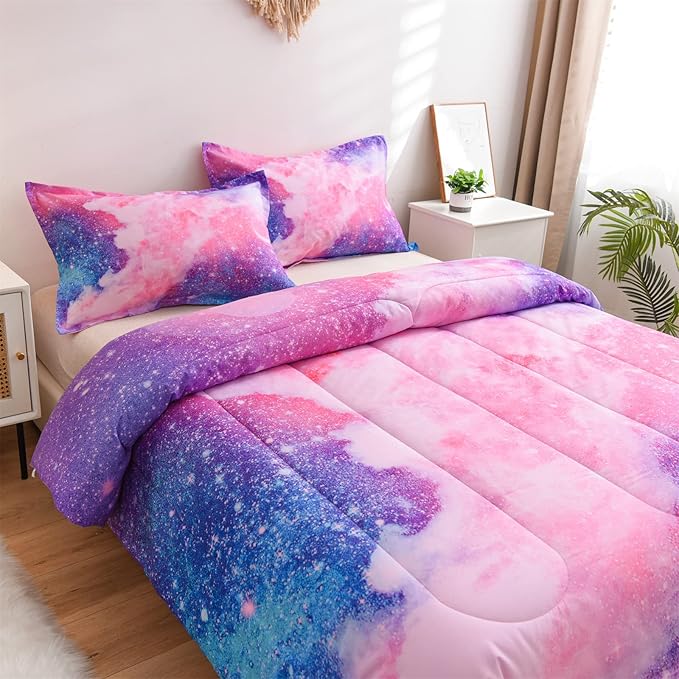 A Nice Night Galaxy Bedding Sets Outer Space Comforter 3D Printed Space Quilt Set Queen Size Glitter Pink Color,for Children Boy Girl Teen Kids