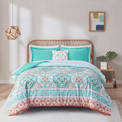 Degrees of Comfort Boho Bed in a Bag Queen Size, Lattice 8 Piece Complete Comforter Set with Sheet for Teenage Girl, Microfiber Teal Bedding Set with Side Pockets, Matching Decorative Pillow, Aqua