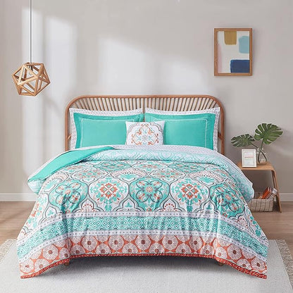 Degrees of Comfort Full Size Comforter Sets with Sheets Floral, Aqua Boho Complete Bedding Set for teen girls, Microfiber 8 Piece Bed in a Bag with Side Pockets, Matching Decorative Pillow