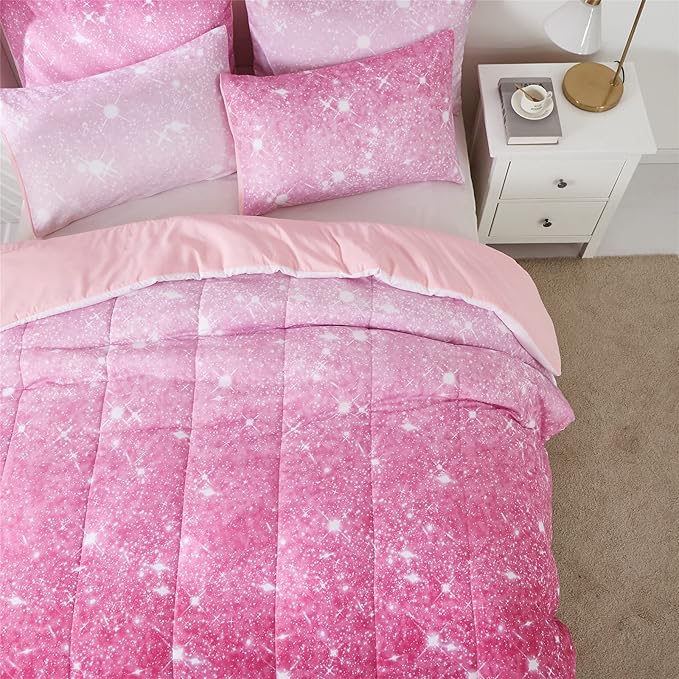 Pink Glitter Comforter Set Full/Queen Size for Girls, Sparkle Galaxy Twinkle Starlight Comforter for Kids Teen,2 Piece Pink Ombre Pastel Bedding Set with 2 Pillow Cases(Pink)