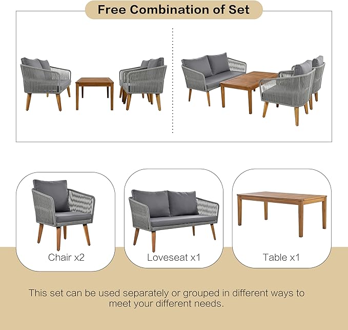 4-Piece, Outdoor Furniture with Loveseat, 2 Chairs and Table, Patio Conversation Set Deep Seating with Thick Backyard Porch Balcony, Zh-Dark Grey Cushion + Grey Rope