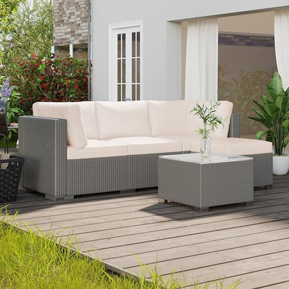 GAOMON 5-Piece Outdoor Patio Rattan Wicker Sofa Set, Pe Rattan Conversation Sectional with Thickened Back Cushion, Glass Tabletop, Ottoman - Ideal for Courtyard Space, Beige