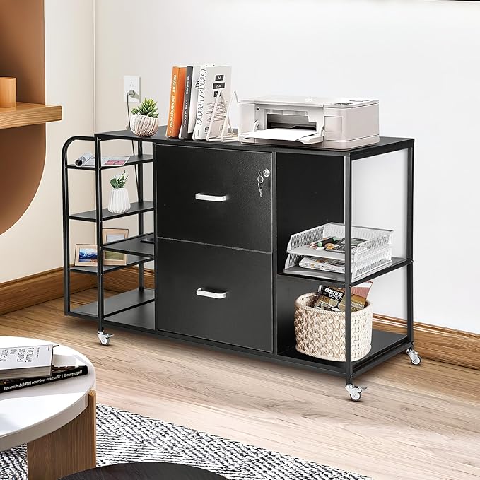 Lateral File Cabinet, 2 Drawer Mobile Filing Cabinet with Outlet, Open Storage Side Shelves, Locking Drawer Fits A4/Letter/Legal Size File Cabinets for Home Office, Black