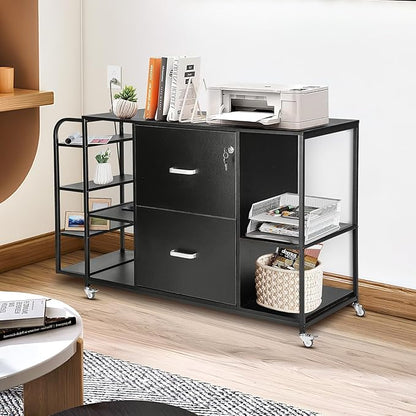 Lateral File Cabinet, 2 Drawer Mobile Filing Cabinet with Outlet, Open Storage Side Shelves, Locking Drawer Fits A4/Letter/Legal Size File Cabinets for Home Office, Black