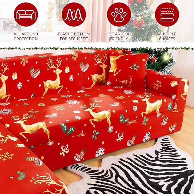 Mybedsoul Christmas Printed Red Sofa Cover Reindeer Printed Elastic Couch Cover Machine Washable Christmas Theme Red Sofa Slipcover for Living Room(3 Seater/Loveseat)