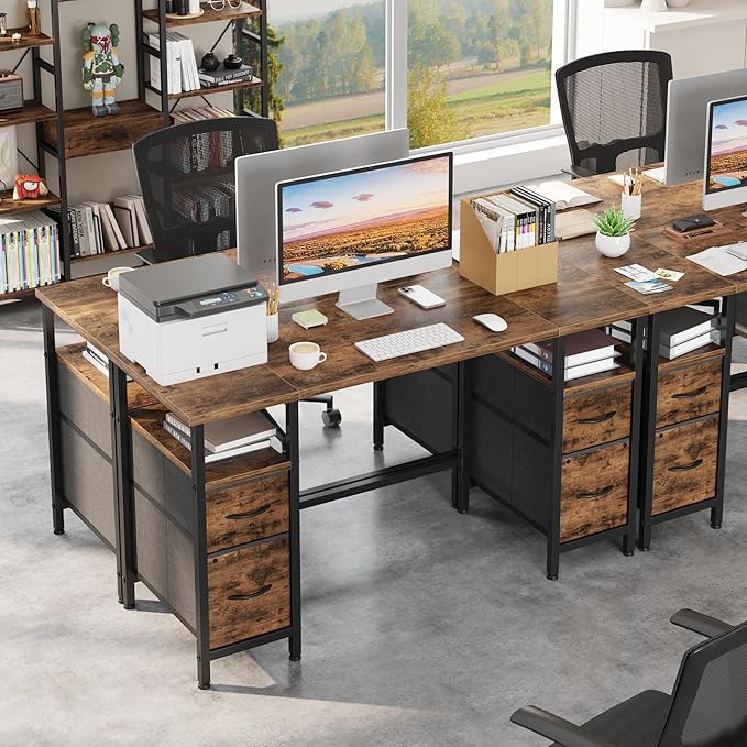 55'' Office Desk with 4 Fabric File Drawers - File Drawer Organization, Computer Work Desk, Study Writing Table, Home Office Workstation, Rustic Brown.