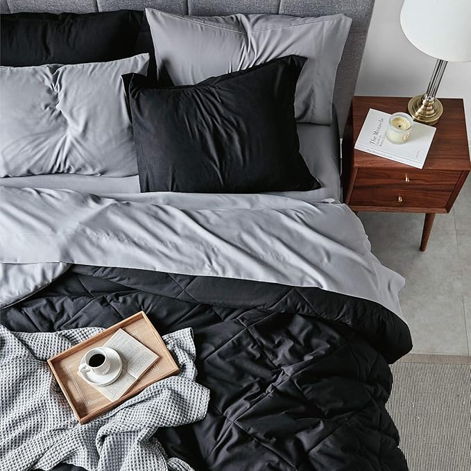 Bedsure Black Comforter Set Queen - 7 Pieces Reversible Black Bed in a Bag with Comforters, Sheets, Pillowcases & Shams, Queen Black Bed Set