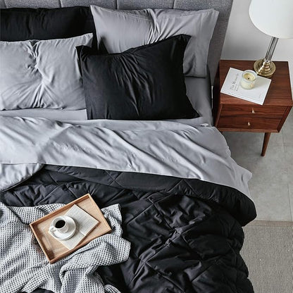 Bedsure Black Comforter Set Queen - 7 Pieces Reversible Black Bed in a Bag with Comforters, Sheets, Pillowcases & Shams, Queen Black Bed Set
