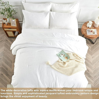 Twin Size Kids Comforter Set 6 Piece White Tufted Bedding Set for Boys Girls Jacquard Tufts Embroidery Bed in A Bag Quilt with 1 Comforter, 1 Flat Sheet, 1 Fitted Sheet, 1 Pillowcase and 2 Pillow Sham