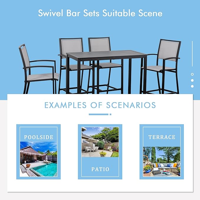 Shintenchi Patio Dining Sets, All Weather Textile Fabric Outdoor High Stool Bistro Set with 4 Bar Chairs and High Glass Table for Home, Backyard, Garden, Lawn, Porch, 5 Pieces