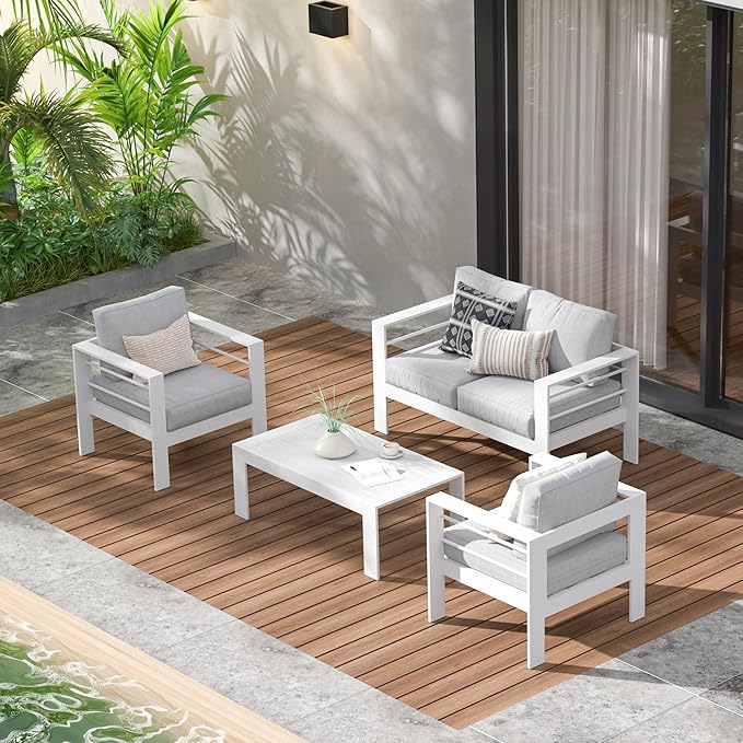 Wisteria Lane Outdoor Patio Furniture Set, 4 Pieces Aluminum Sectional Sofa, Metal Patio Conversation Set with Loveseat, 5 Inch Light Grey Cushion and Coffee Table (White & Light Grey)