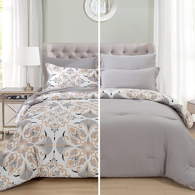 EMME Twin Comforter Set - Grey White Floral Bedding Set 5 PCS with Geometric Flowers Pattern, Soft Plant Printed Botanical Bed Set with Sheets,Fluffy Bed Bag for All Season(68"X90")